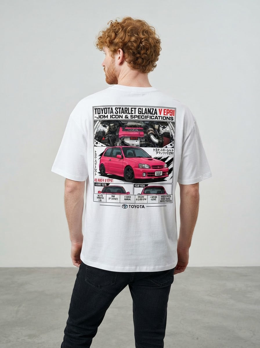 Toyota Starlet Glanza V EP91 T-shirt photo with back graphic on model