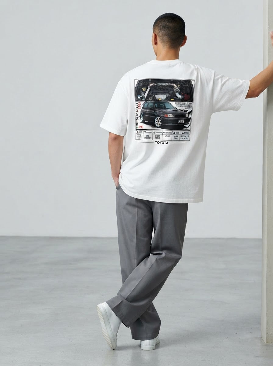 Toyota Starlet GT Turbo EP82 T-shirt photo with back graphic on model