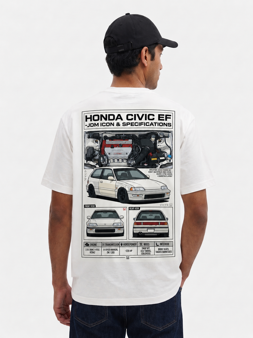 Back view of a white T-shirt with Honda Civic EF car and engine specification graphic