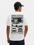 Back view of a white T-shirt with Honda Civic EF car and engine specification graphic