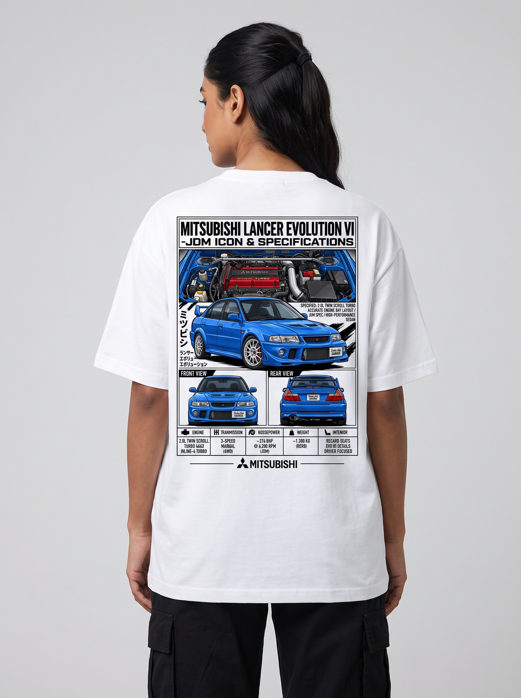 Model wearing Lancer Evolution VI graphic white T-shirt showing back print