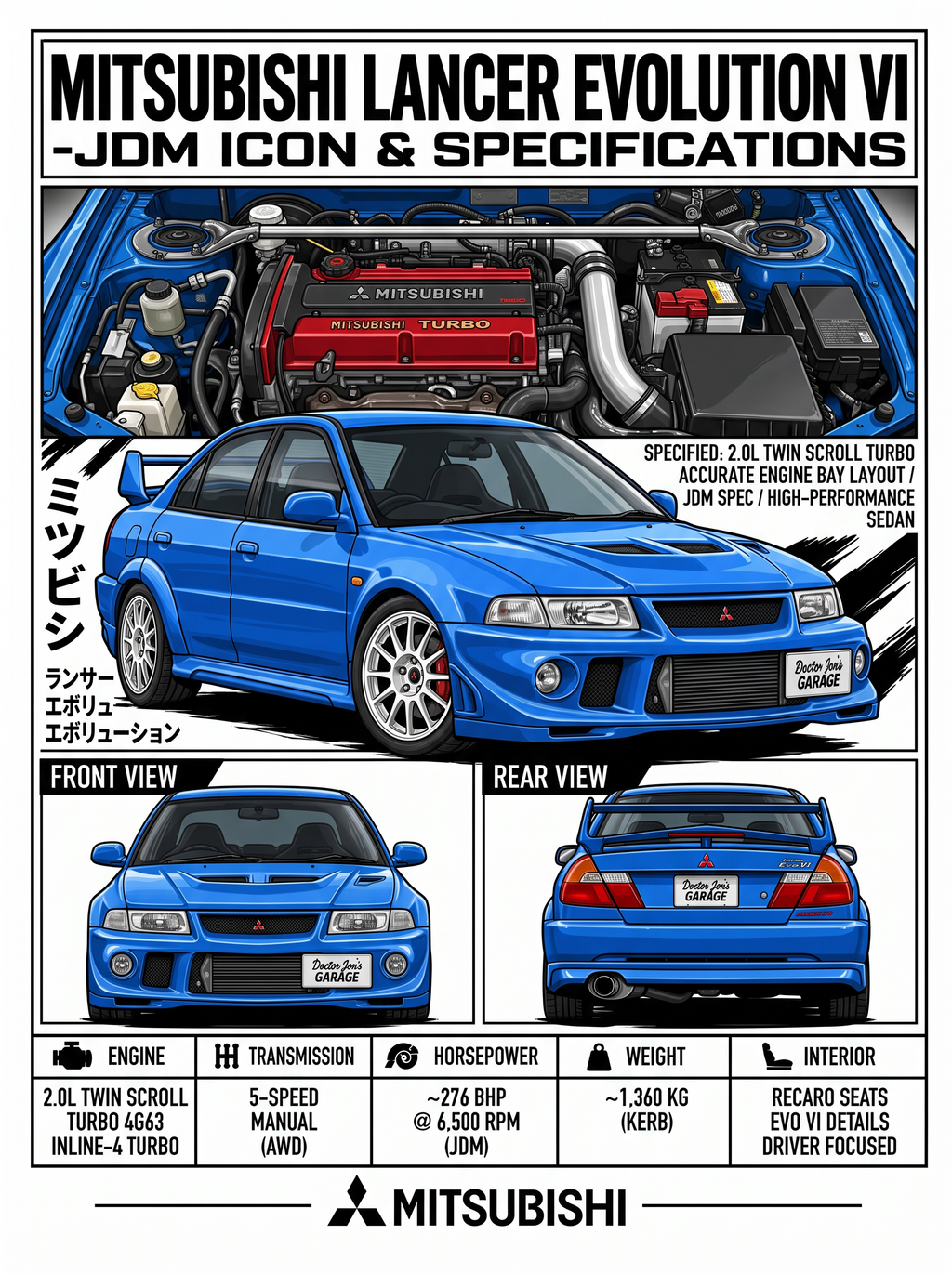 Standalone Lancer Evolution VI JDM specifications T-shirt artwork