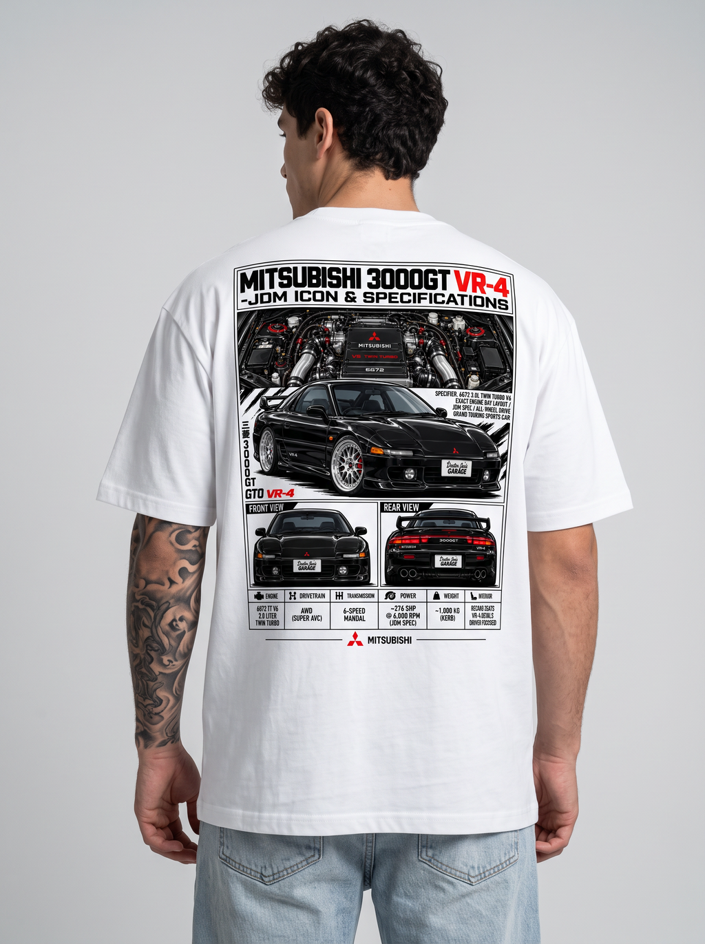 Model wearing 3000GT VR-4 graphic white T-shirt showing back print