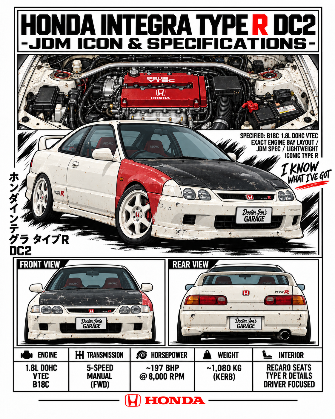 Honda Integra Type R DC2 – I Know What I've Got Graphic T-Shirt — White standalone print graphic