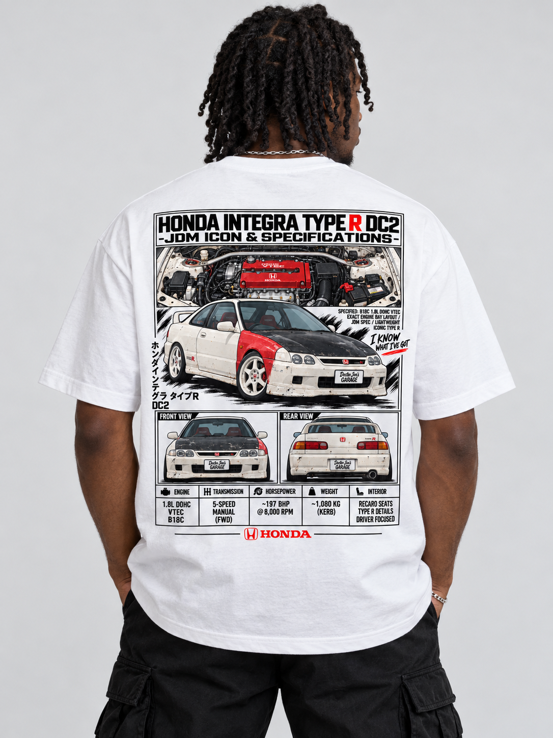 Honda Integra Type R DC2 – I Know What I've Got Graphic T-Shirt — White shirt mockup on back of model