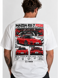 Model wearing white Mazda RX-7 FD3S graphic T-shirt, back view