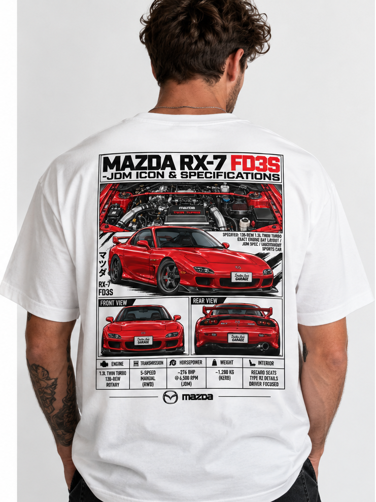 Model wearing white Mazda RX-7 FD3S graphic T-shirt, back view
