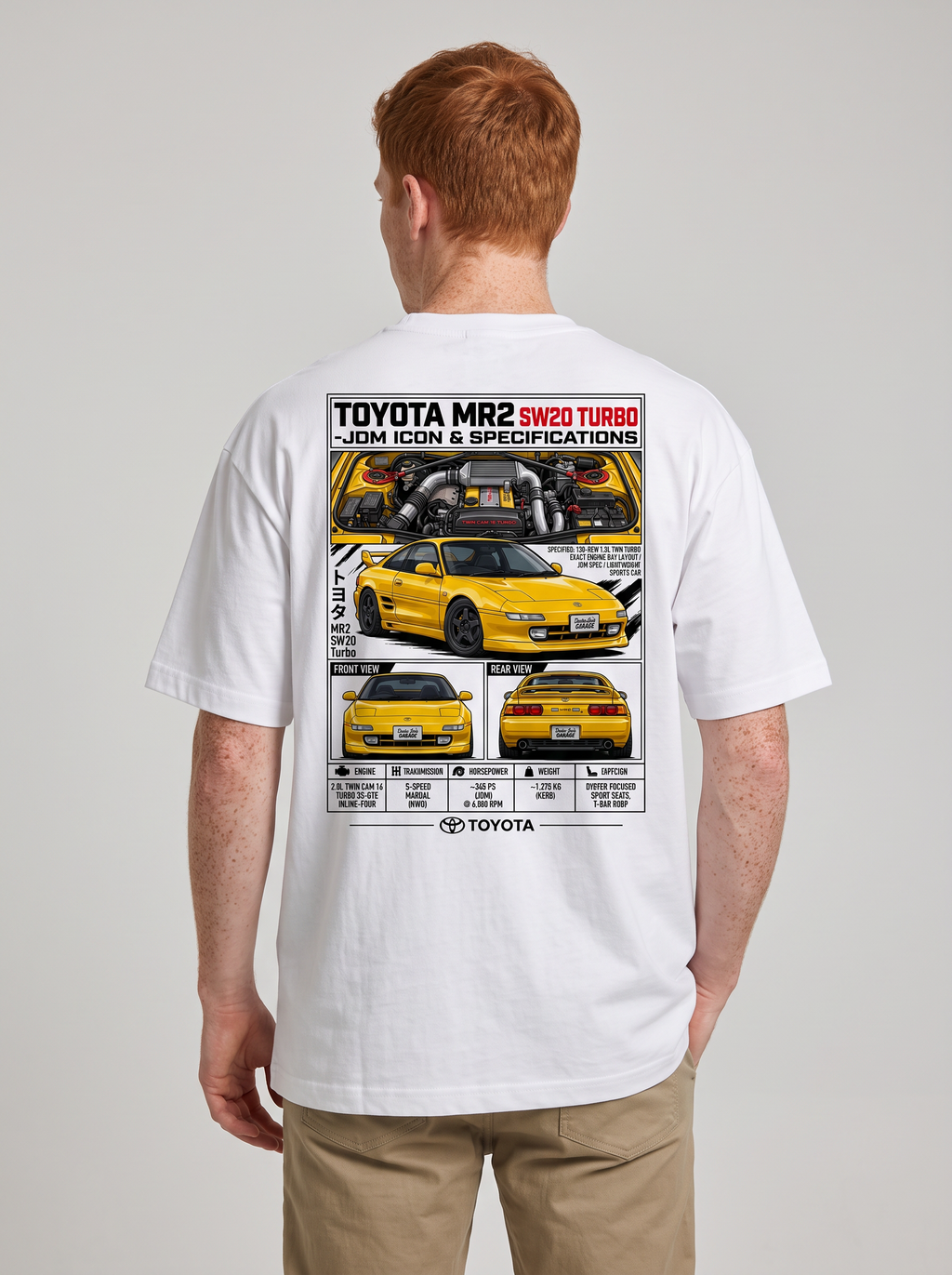 Model wearing MR2 SW20 graphic white T-shirt showing back print