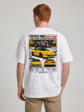 Model wearing MR2 SW20 graphic white T-shirt showing back print
