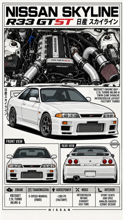 Detail of the Nissan Skyline R33 GTST shirt artwork, showing the engine bay, white car and front and rear views