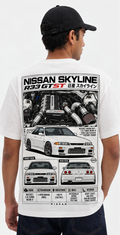 White Nissan Skyline R33 GTST T-shirt shown from the back with engine-bay artwork and front and rear car views