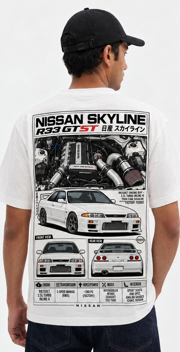 White Nissan Skyline R33 GTST T-shirt shown from the back with engine-bay artwork and front and rear car views