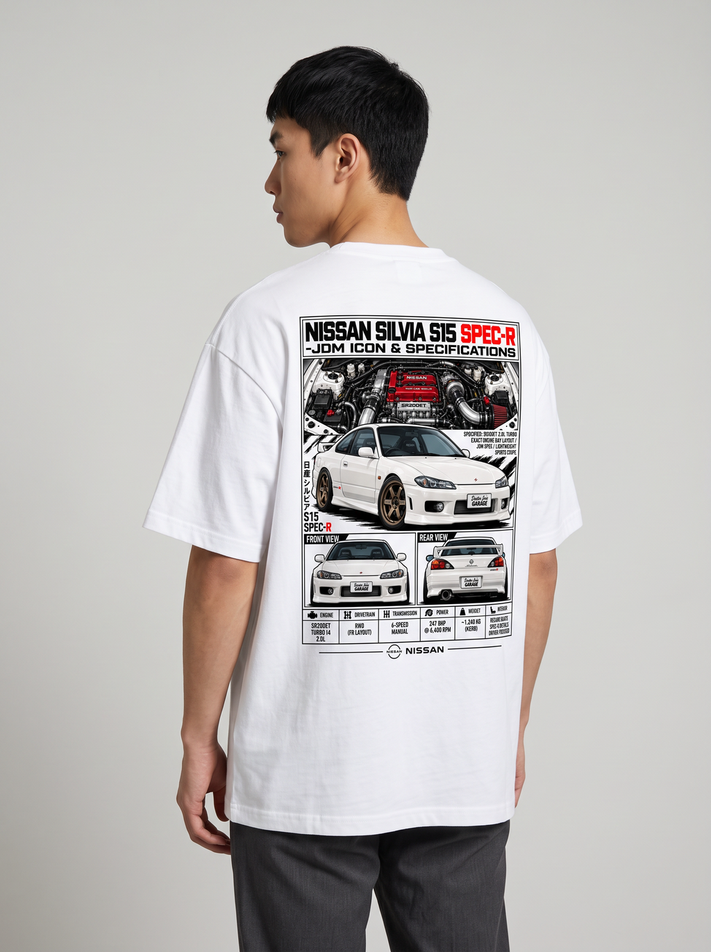Model wearing Silvia S15 graphic white T-shirt showing back print