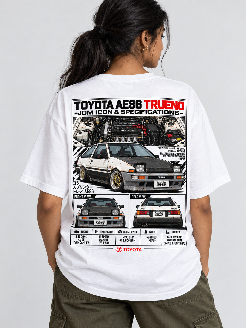 Toyota AE86 Trueno – I Know What I've Got Graphic T-Shirt — White shirt mockup on back of model