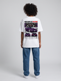 Model wearing 300ZX Z32 graphic white T-shirt showing back print